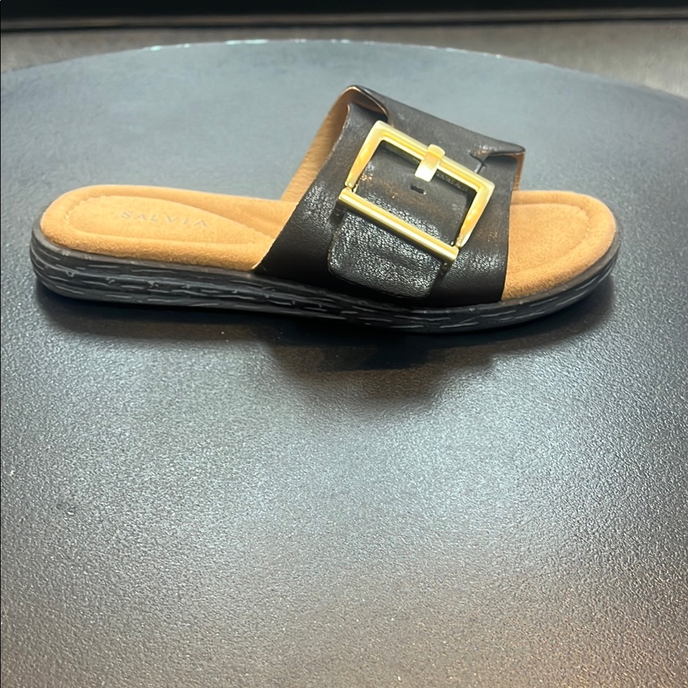 Black Slide Sandals with Gold Buckle